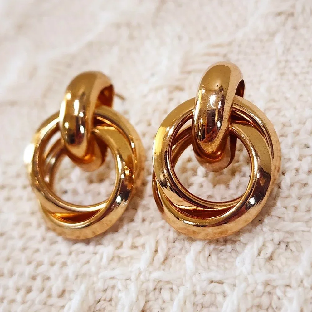 Gold Double Ring Knot Half Circle Stud Classy Office Pierced Earrings